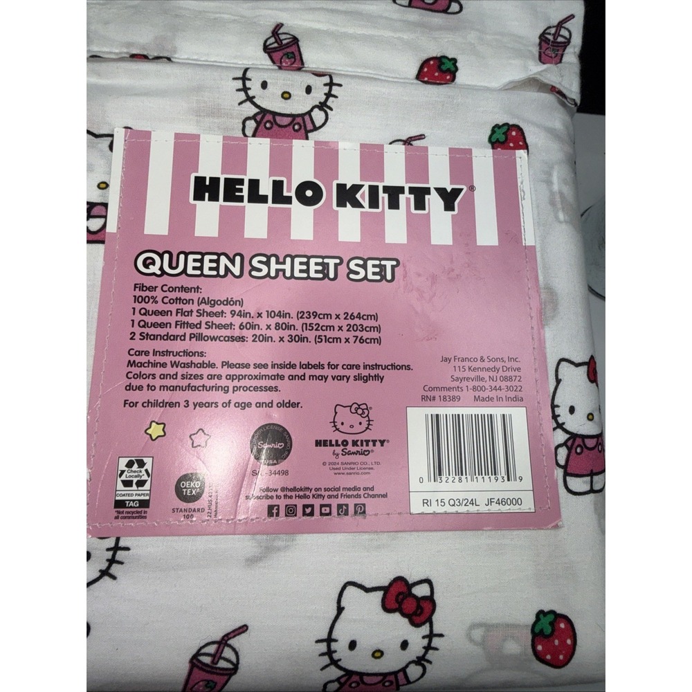 Hello Kitty Queen Sheet Set 100% Cotton Strawberry Milkshake & Hello Kitty Desig - Picture 3 of 4